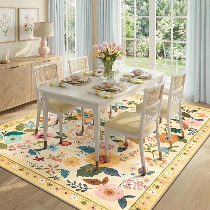 RELEANY Floral Washable 8x10 Area Rugs Ivory/Yellow | Flower Carpet Print Boho - Image 2