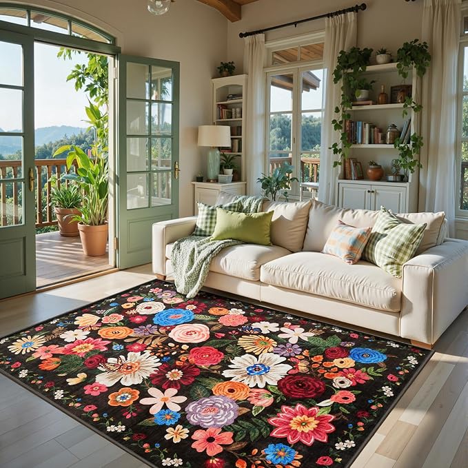 Black Brown Floral Area Rug 6x9 - Image 3