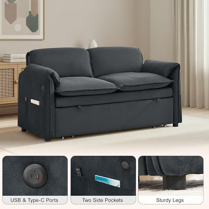 63" Velvet Convertible Sleeper Loveseat Sofa Bed, Pull Out Couch Bed - Image 3