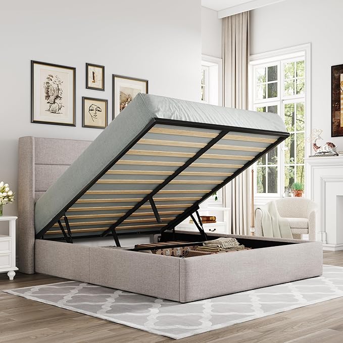 Allewie Full Size Lift Up Storage Bed, Modern Wingback Headboard, Hydraulic by Allewie