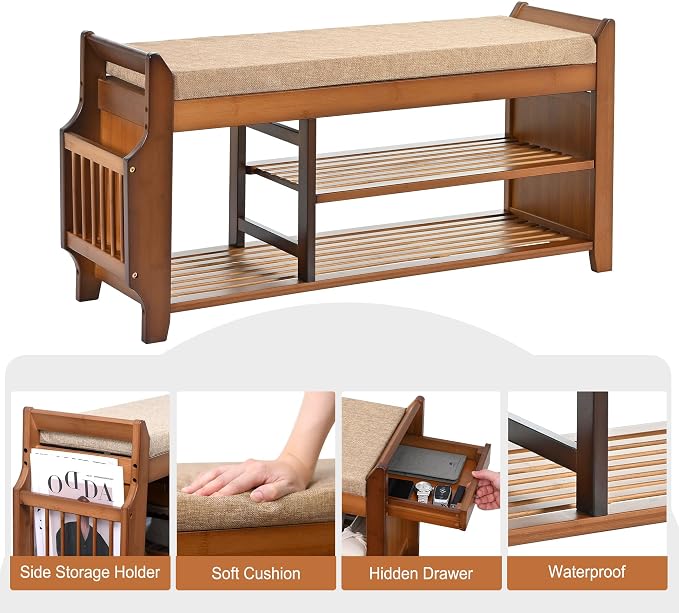 PETKABOO Shoe Bench with Hidden Drawer and Side Holder, 2 Tier Entryway Bench - Image 9
