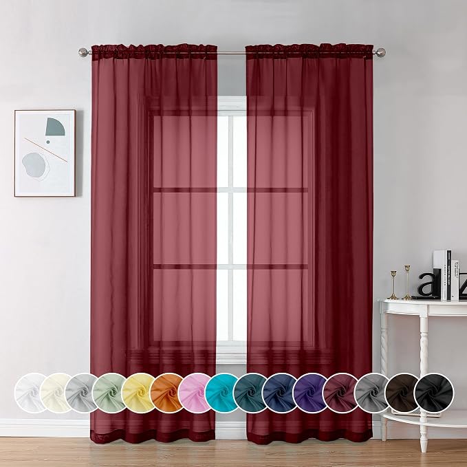 Chyhomenyc Burgundy Sheer Curtains 84 Inches Long 2 Panels | Light Filtering by Chyhomenyc