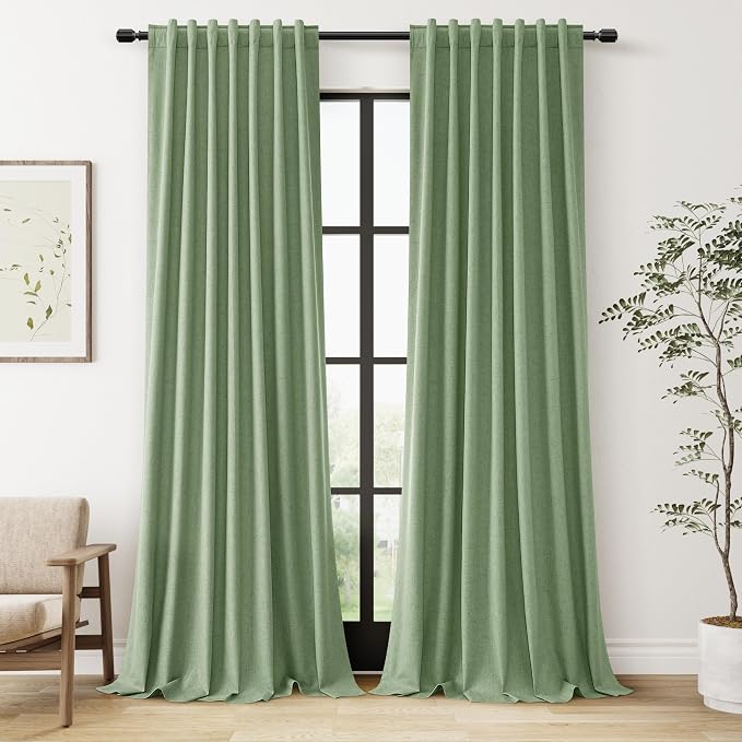Light Sage 100% Blackout Linen Curtains 108 Inch Length 2 Panels Set by Guken