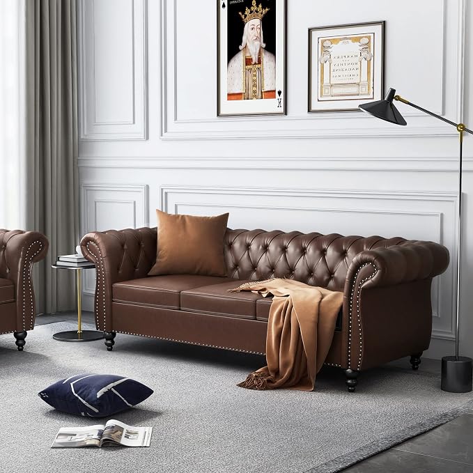 ORRD 2 Piece Living Room Set, Chesterfield Leather Sofa Loveseat Couch - Image 7