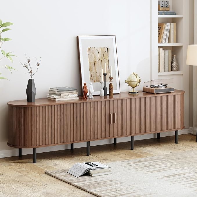 86.6" TV Stand with Power Outlet, Mid-Century Modern Television Stand, Fluted - Image 4