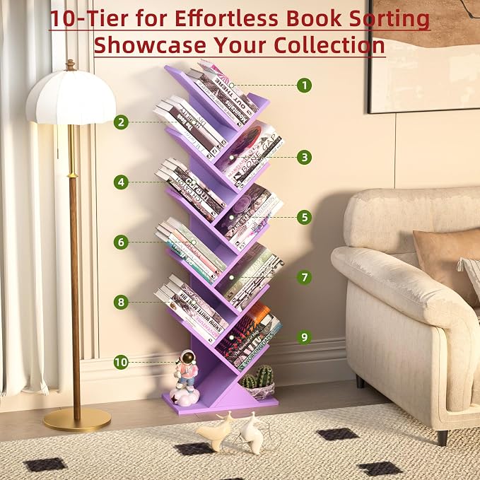 10 Tier Tree Book Shelf, Floor Standing Wood Bookshelf - Image 4