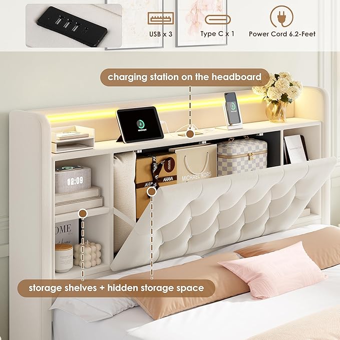 Queen Bed Frame with Drawers, Hidden-Cubby & Shelves Storage Headboard with - Image 4