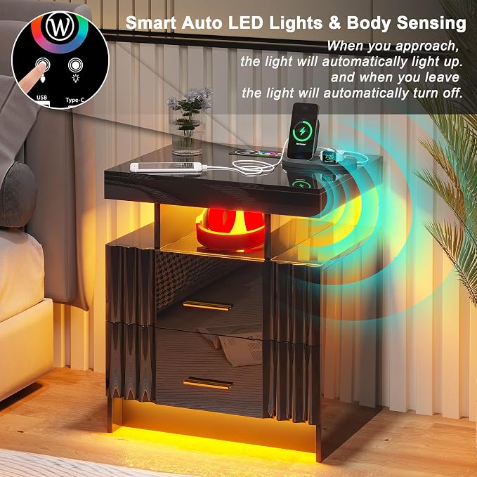 Nightstand with Wireless Charging Station, Smart Night Stand with 2 Drawers - Image 5