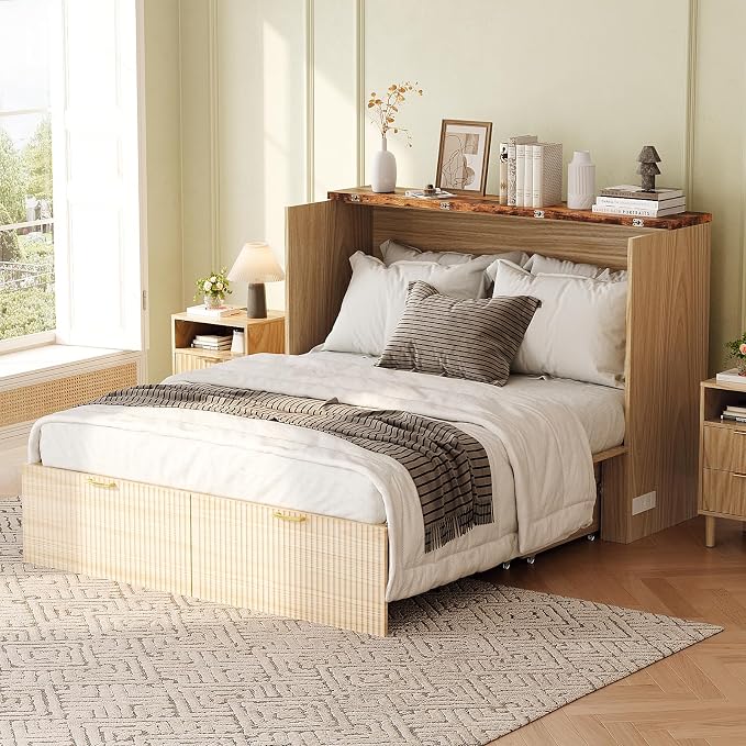 VINGLI Queen Murphy Bed with Storage Drawer, 2 Charging Station, Fluted Wooden - Image 9