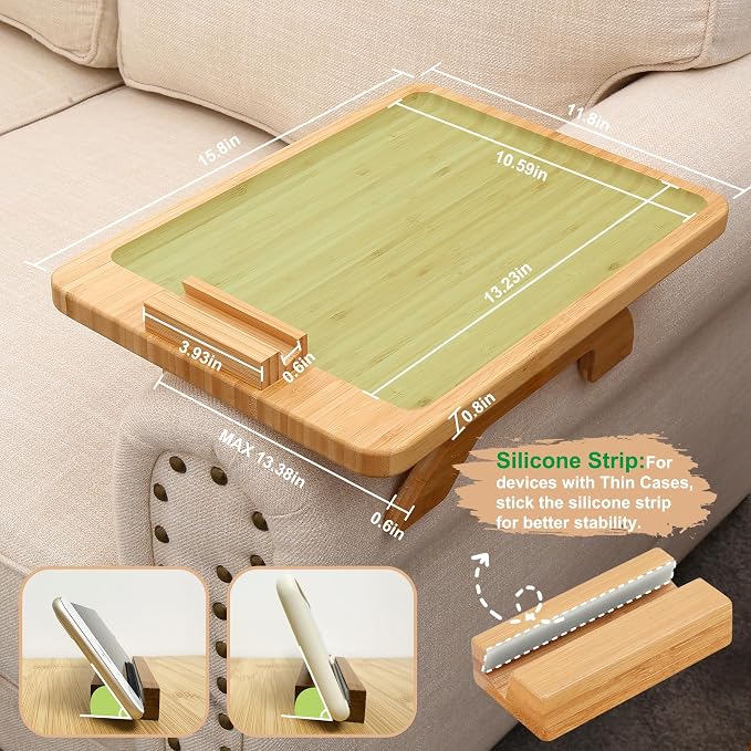 SINWANT Couch Arm Tray Table, Large Bamboo Couch Armrest Table - Image 4