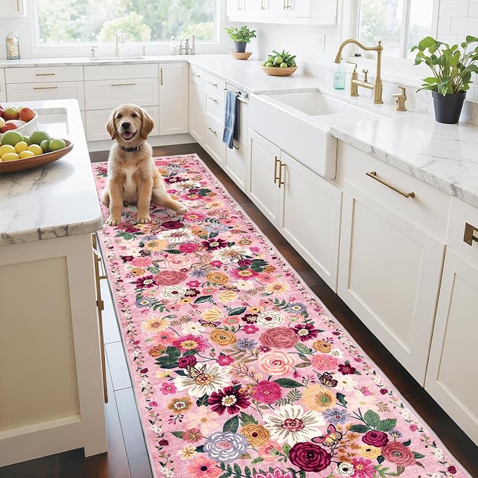 Floral Hallway Runner Rug for Bedroom Kitchen 2'6"x14' | Rubber Backing; Non - Image 6