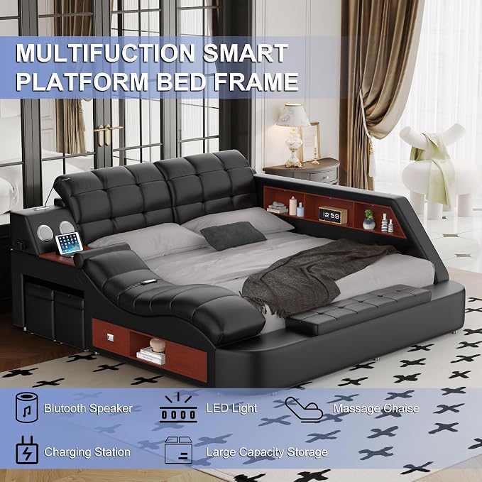 Multifunction Smart King Bed Frame, Luxury Upholstered Platform - Image 3