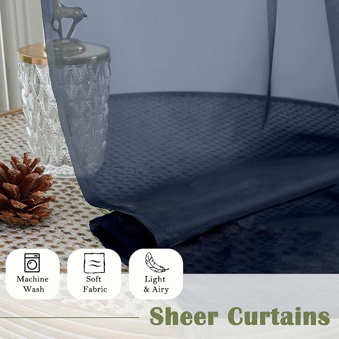 Navy Blue Sheer Curtains 63 Inch Length 2 Panels, Rod Pockets Window Treatments - Image 4
