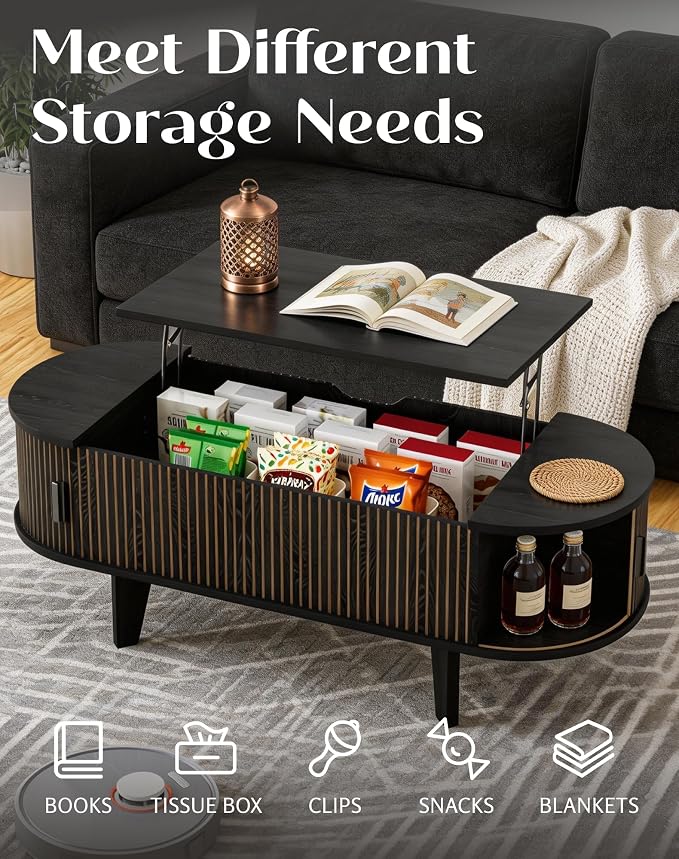 Oval Coffee Table with Storage, 47.2" Fluted Lift Top Coffee Table with 180° - Image 5