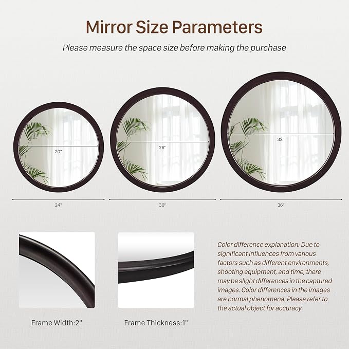 Round Mirrors 24 Inch, Rustic Decorative Transitional Dark Walnut Wall Mirror - Image 6