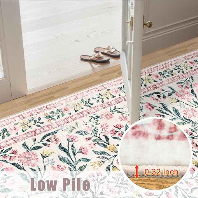 PLHXFR 6x9 Area Rug Living Room: Floral Washable Boho Carpet Pink Green | - Image 11
