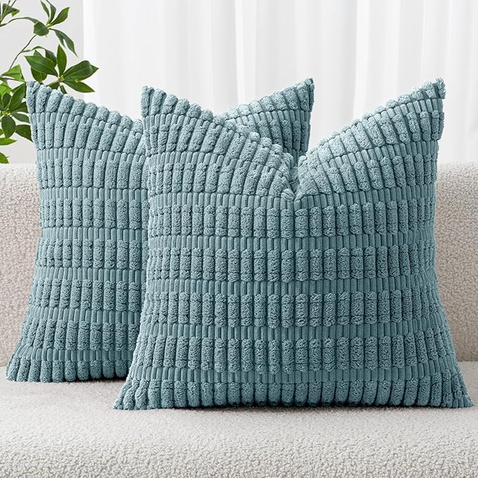 MIULEE Corduroy Decorative Throw Pillow Covers 16x16 Coastal Blue Pack of 2 | by MIULEE