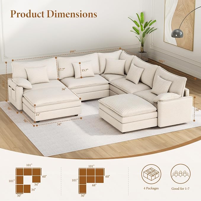 Vesgantti 101" V-Shaped Corner Couch Sectional, 7 Seat Customizable Modular - Image 2