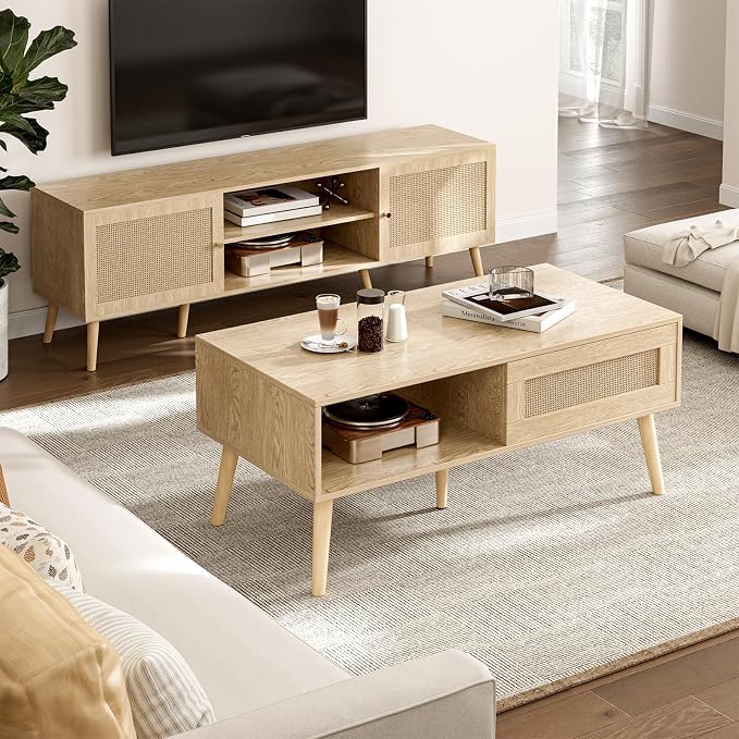 ZttRiee Wood Coffee Table with Storage, Boho Dining Table with Sliding Rattan - Image 3