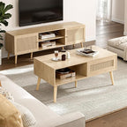 ZttRiee Wood Coffee Table with Storage, Boho Dining Table with Sliding Rattan - Image 3