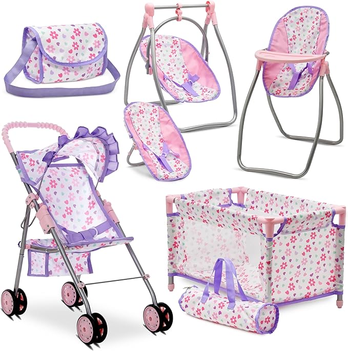 Baby Doll Stroller Bed and Swing Nursery Playset, Baby Doll Accessories by DollsToPlay