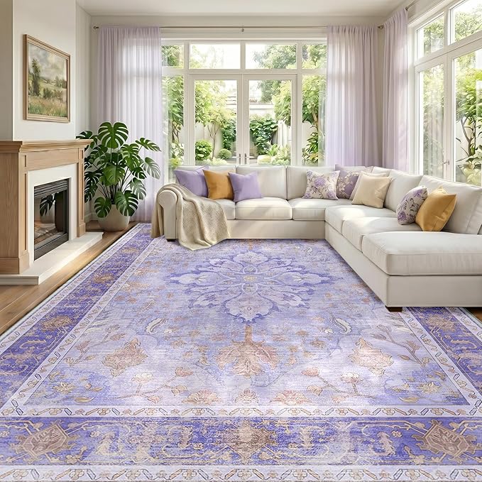 RELEANY Area Rugs 10'x14' Washable Non-Slip, Floral Vintage Distress Print by RELEANY