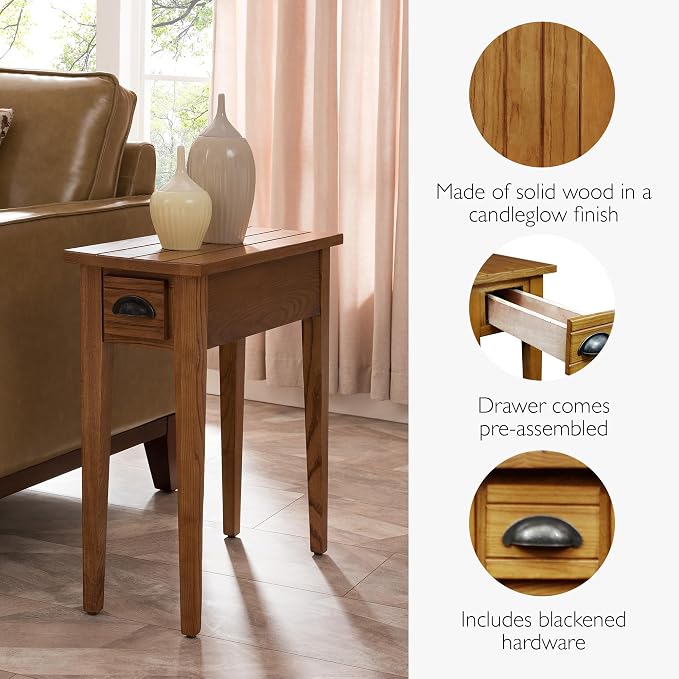 One Drawer Bin Pull Narrow Side Table, Solid Wood, Candleglow Brown, and Small - Image 5