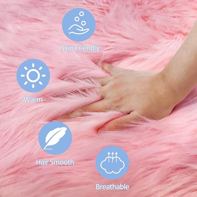 Pink Round Rug for Girls Bedroom, Fluffy Circle Rug 2 2 Feet for Kids Room - Image 5