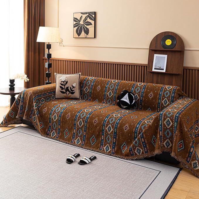 VClife Bohemian Couch Cover, Vintage Moroccan Tribal Geometric Chenille Couch - Image 3