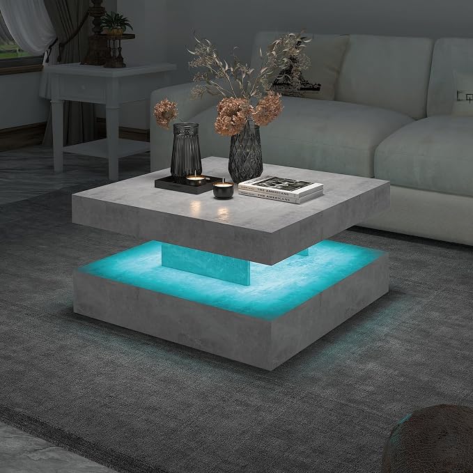 HedoAjim Grey LED Coffee Table for Living Room, Living Room Table 2-Tier Square - Image 3