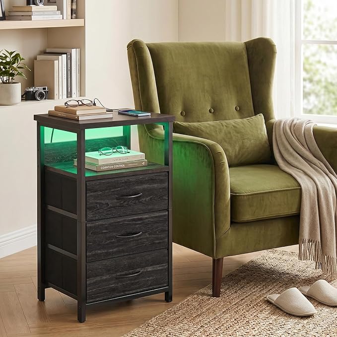Fixwal Night Stand with Charging Station, LED Nightstand with Fabric Drawers - Image 7