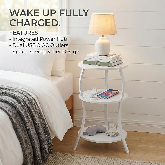 Small Round Side Table with Charging Station, 3-Tier Waist Circular End Table - Image 9