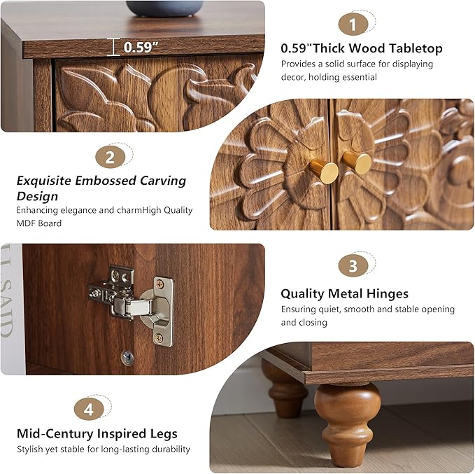 weselon Accent Cabinet with 2 Doors, Farmhouse Carved Buffet Sideboard with - Image 5