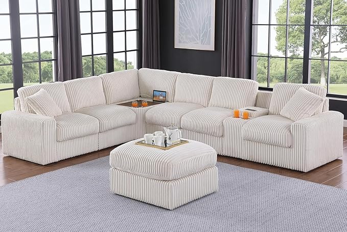 Ball & Cast 127" Oversized Modular Sectional Sofa L-Shaped, Large Corduroy by BallCast