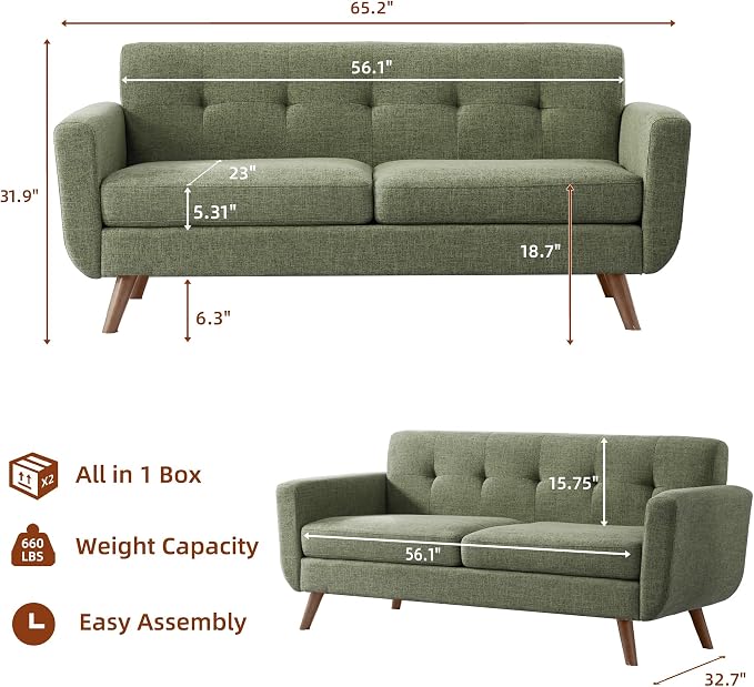 Tbfit 65" W Loveseat Sofa, Mid Century Modern Couches Love Seats - Image 2
