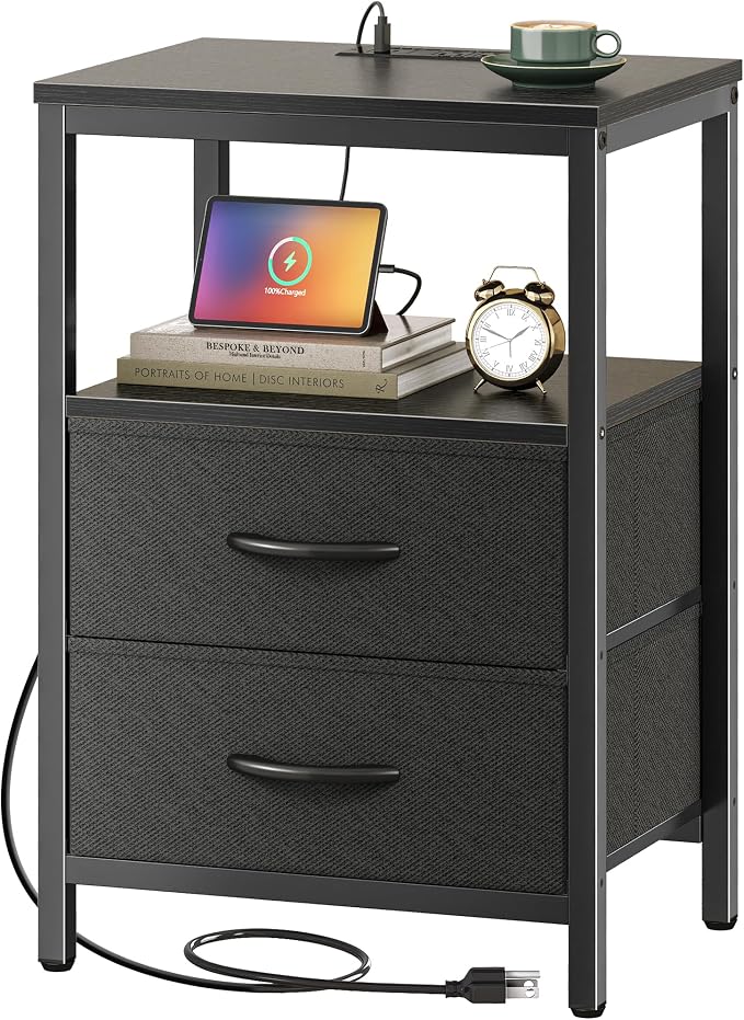 Huuger Nightstand with Charging Station, Side Table with 2 Fabric Drawers by Huuger