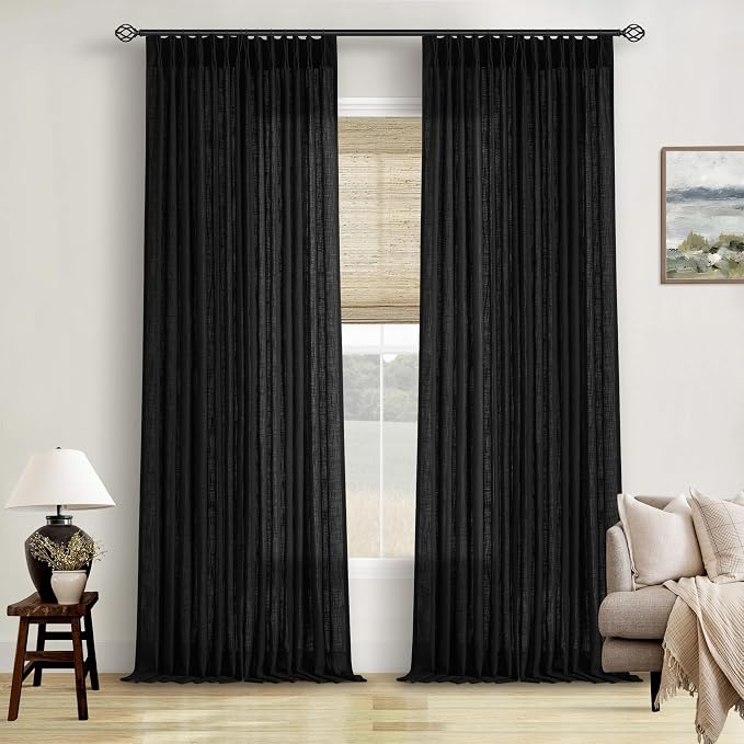Black Pinch Pleated Linen Semi Sheer 102 Inch Curtains 2 Panels | Light by Twodrapes