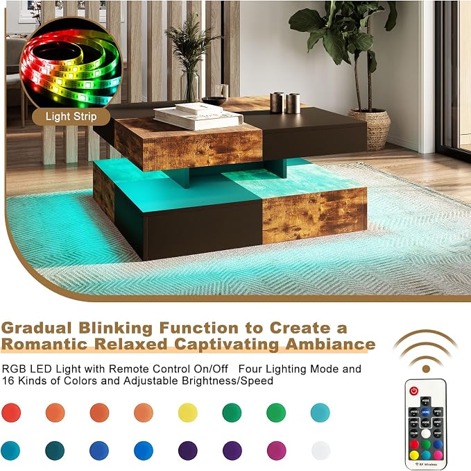 HedoAjim LED Coffee Table for Living Room, Living Room Table 2-Tier Square - Image 4