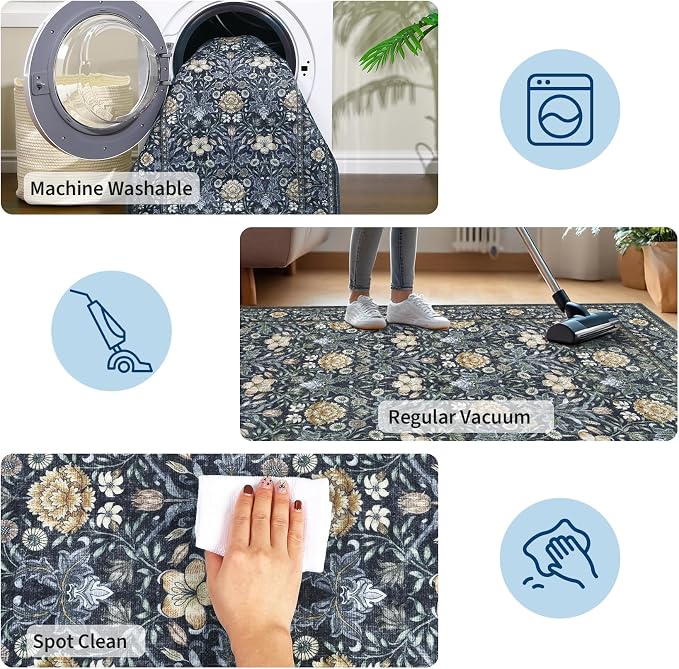 GarveeHome Washable Area Rug 5x7, Retro Floral Low Pile Non Slip Living Room - Image 6