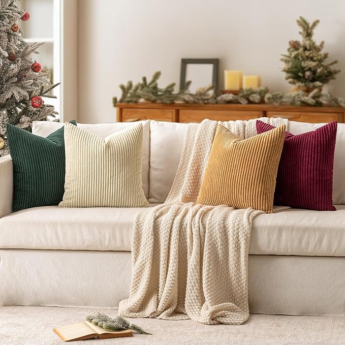 MIULEE Corduroy Decorative Throw Pillow Covers Christmas Red Green 18x18 | Set - Image 3