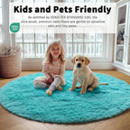 Teal Blue Round Area Rug 4ft, Soft Fluffy Bedroom Bedside Floor Circle Rugs - Image 5