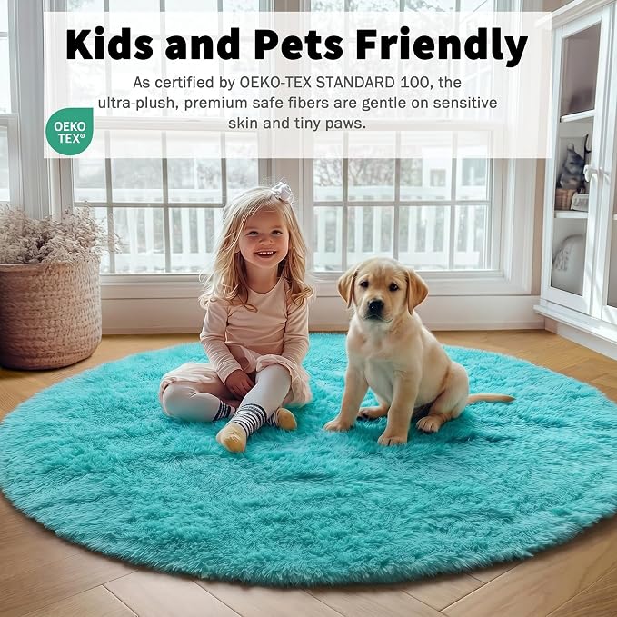 Teal Blue Round Rugs 5ft for Bedroom Living Room, Fluffy Circle Area Rug for - Image 5