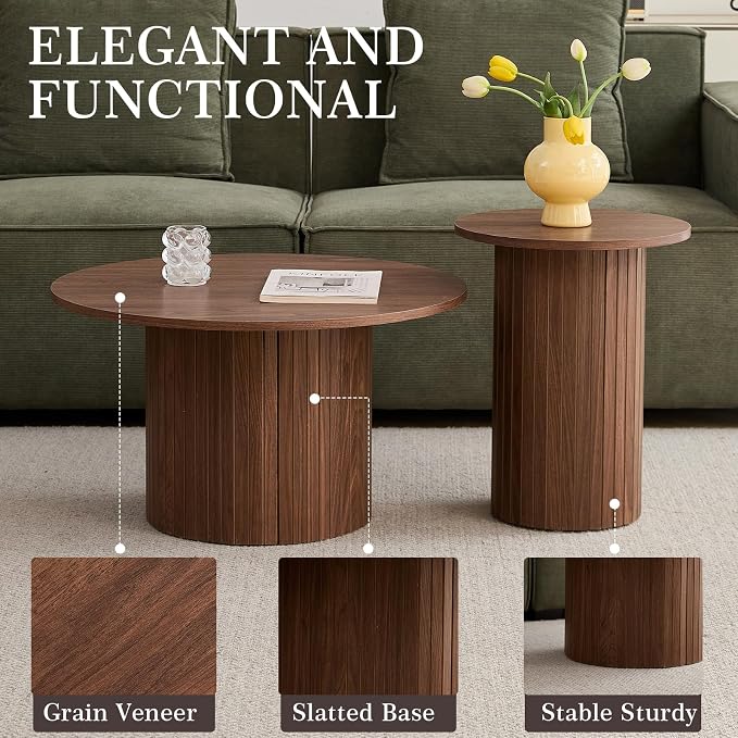 Round Nesting Coffee Table Set of 2 Mid Century Modern Wood Round Coffee Tables - Image 3