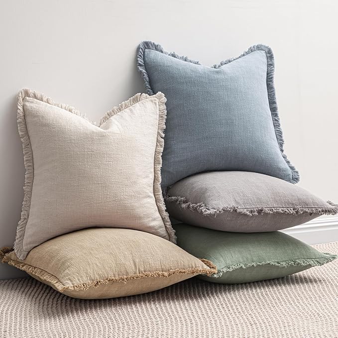 MIULEE Linen Fringe Decorative Euro Throw Pillow Covers Light Blue 26x26 | Set - Image 5
