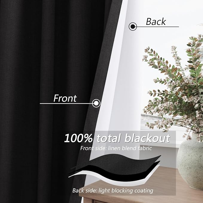 Black 100% Blackout Linen Curtains 102 Inch Length 2 Panels Set - Image 3