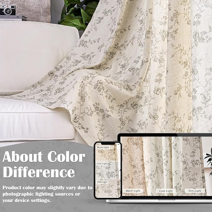 Grey Vintage Floral Linen Curtains Farmhouse 38W X 84L 2 Panels | Elisa Series - Image 5