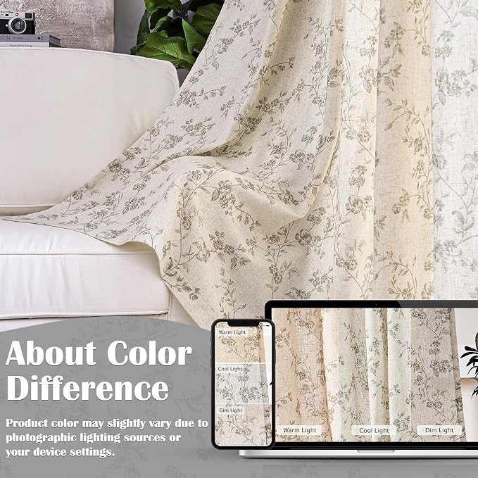 Grey Vintage Floral Linen Curtains Farmhouse 50W X 84L 2 Panels | Elisa Series - Image 6
