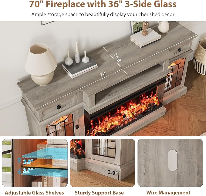 QUW 70" Farmhouse Fireplace TV Stand - Image 7
