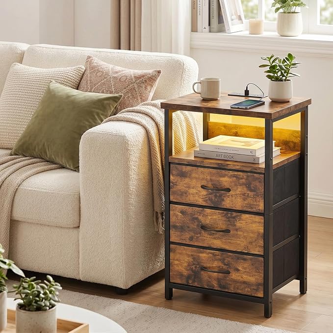 Fixwal Night Stand with Charging Station, LED Nightstand with Fabric Drawers - Image 7