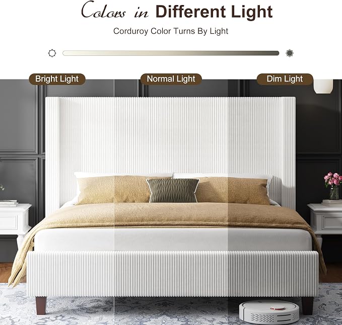 HOWE King Size Bed Frame with 50.8" Tall Wingback Headboard, Modern Corduroy - Image 7